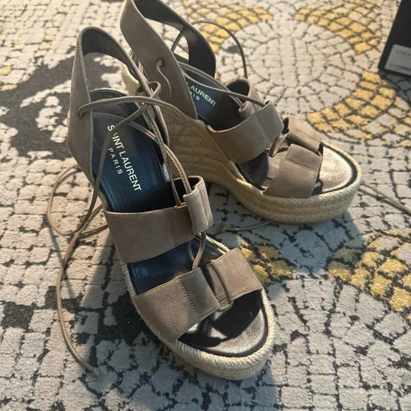 Saint Laurent Beige Espadrille Wedges